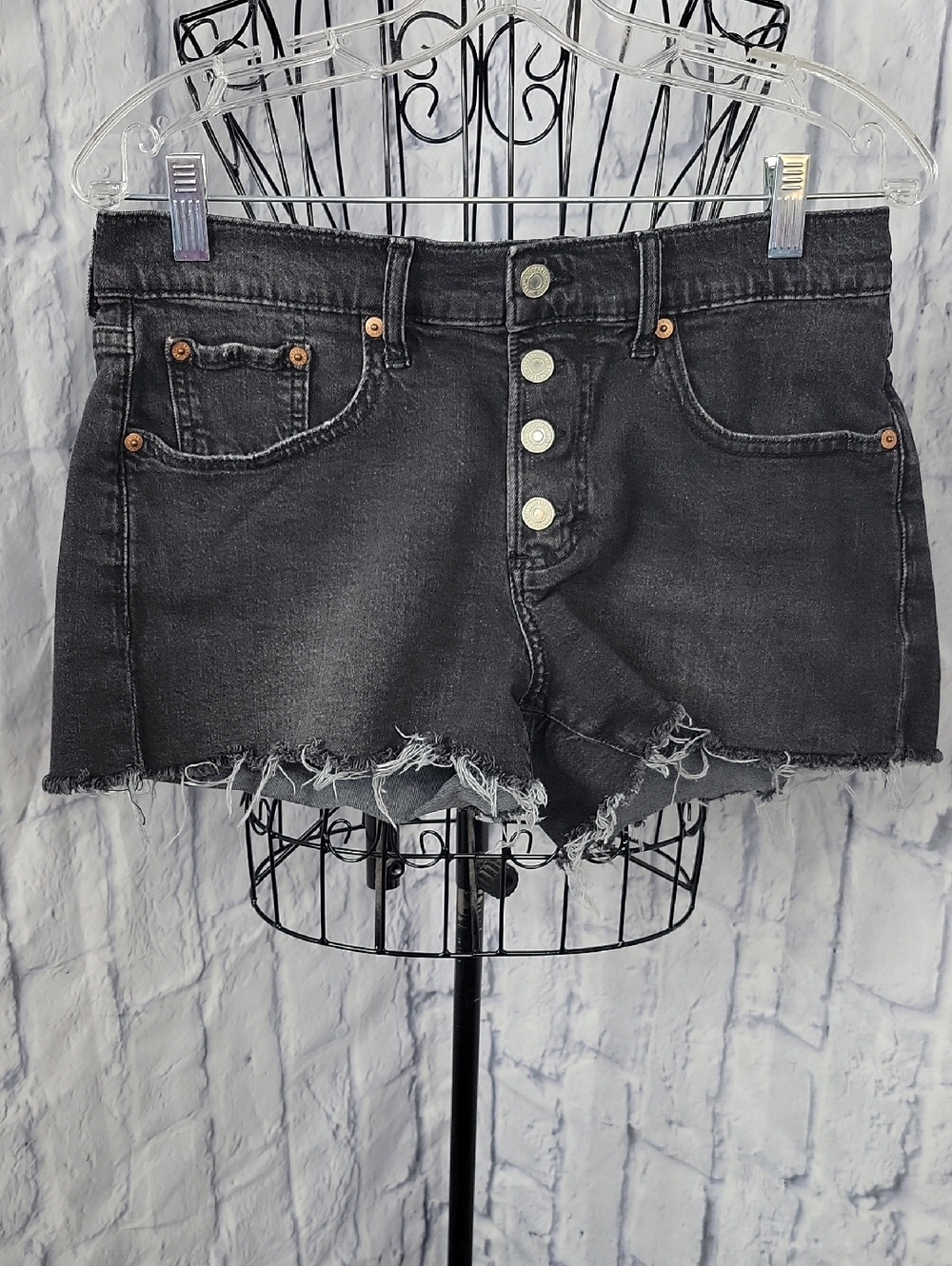 Lucky Brand Mid Rise Black Denim Shorts Button Fly Raw Hem Size‎ 8